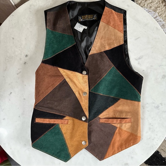 Vintage Genuine suede patchwork vest brown green size small with the tag - Picture 1 of 5